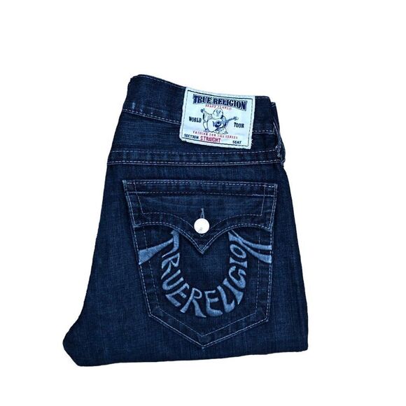 Vintage True Religion Jeans Size 32 STRAIGHT Embroidered Horseshoe Blue - Picture 6 of 12
